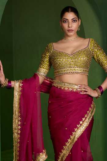 Shop Saina Kapoor Maroon Organza, Silk Sweetheart Neck Aari Work Saree With Blouse Online at Aza Fashions Shop_Saina Kapoor_Maroon Organza, Silk Sweetheart Neck Aari Work Saree With Blouse _Online_at_Aza_Fashions