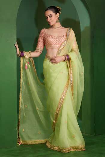 Buy Saina Kapoor Green Organza, Silk Sweetheart Neck Border Embellished Saree With Blouse Online at Aza Fashions Buy_Saina Kapoor_Green Organza, Silk Sweetheart Neck Border Embellished Saree With Blouse _Online_at_Aza_Fashions