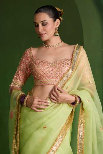 Buy Saina Kapoor Green Organza, Silk Sweetheart Neck Border Embellished Saree With Blouse Buy_Saina Kapoor_Green Organza, Silk Sweetheart Neck Border Embellished Saree With Blouse