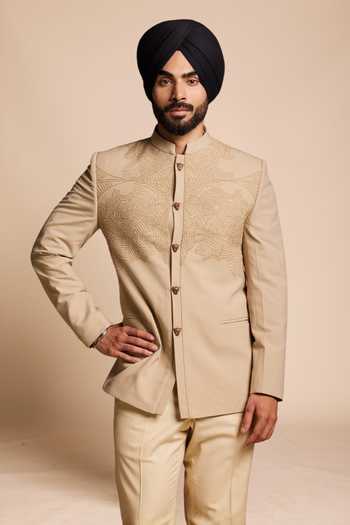 Buy Gargee Designers Beige Viscose, Polyester Embroidery French Knot Bandhgala Set Online at Aza Fashions Buy_Gargee Designers_Beige Viscose, Polyester Embroidery French Knot Bandhgala Set _Online_at_Aza_Fashions