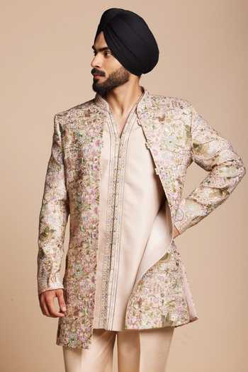 Buy Gargee Designers Beige Silk, Cotton Embroidery, Zari Bandhgala Set Online at Aza Fashions Buy_Gargee Designers_Beige Silk, Cotton Embroidery, Zari Bandhgala Set _Online_at_Aza_Fashions