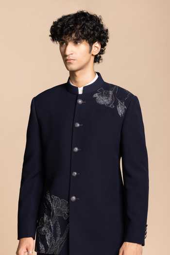 Shop_Gargee Designers_Silver Polyester Zari Navy Metallic Jodhpuri Set _Online_at_Aza_Fashions
