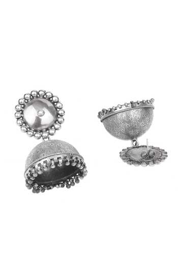 Shop Sangeeta Boochra Gold Plated Geometric Carved Silver Jhumkas at Aza Fashions Shop_Sangeeta Boochra_Gold Plated Geometric Carved Silver Jhumkas _at_Aza_Fashions