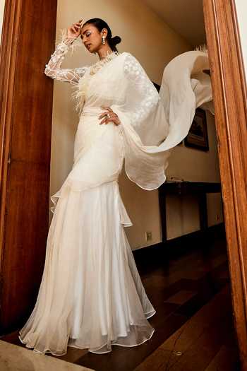 Mani Bhatia Feather Trim Embellished Pre-Draped Ruffle Saree With Blouse 
