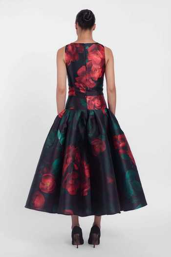 Shop Gauri & Nainika Black Microfiber Round Neck And Red Rose Print Midi Dress at Aza Fashions Shop_Gauri & Nainika_Black Microfiber Round Neck And Red Rose Print Midi Dress _at_Aza_Fashions