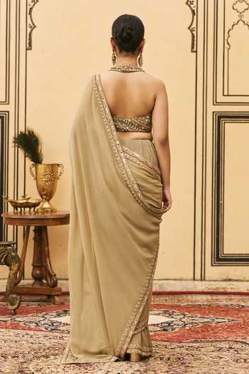 Itrh Zaitooni Pre-Draped Saree With Embroidered Blouse 