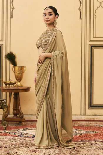 Itrh Olive Green Georgette, Organza Zaitooni Pre-draped Saree With Embroidered Blouse Online at Aza Fashions Itrh_Olive Green Georgette, Organza Zaitooni Pre-draped Saree With Embroidered Blouse _Online_at_Aza_Fashions
