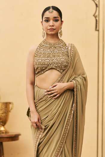 Buy Itrh Olive Green Georgette, Organza Zaitooni Pre-draped Saree With Embroidered Blouse Online at Aza Fashions Buy_Itrh_Olive Green Georgette, Organza Zaitooni Pre-draped Saree With Embroidered Blouse _Online_at_Aza_Fashions