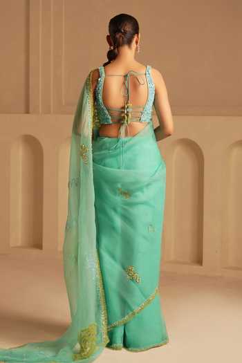 Shop Kiran Kalsi Green Organza V-neck Embroidered Saree And Blouse Set at Aza Fashions Shop_Kiran Kalsi_Green Organza V-neck Embroidered Saree And Blouse Set _at_Aza_Fashions