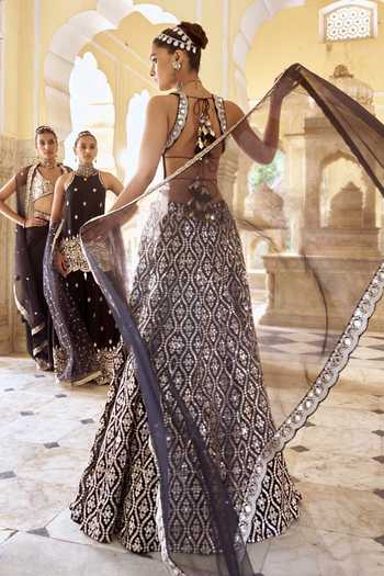 Gopi Vaid_Black Tussar, Organza Mirrors Round Neck Katri Embroidered Lehenga Set _Online_at_Aza_Fashions