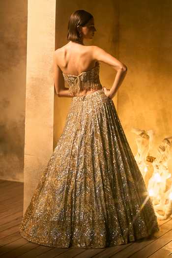 Buy Angad Singh Gold Net Sequins, Beads, Zari, Crystals, Aurelia Embroidered Corset Lehenga Set Buy_Angad Singh_Gold Net Sequins, Beads, Zari, Crystals, Aurelia Embroidered Corset Lehenga Set
