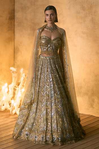 Shop Angad Singh Gold Net Sequins, Beads, Zari, Crystals, Aurelia Embroidered Corset Lehenga Set Shop_Angad Singh_Gold Net Sequins, Beads, Zari, Crystals, Aurelia Embroidered Corset Lehenga Set