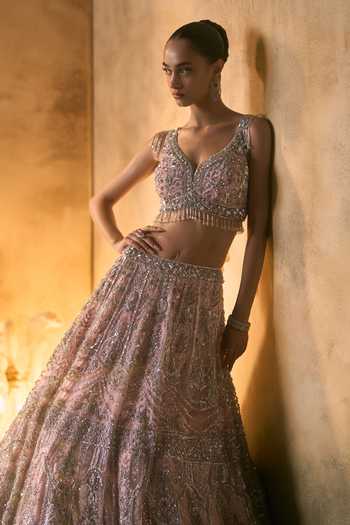 Buy_Angad Singh_Pink Net V-neck Camellia Sequin Embroidered Lehenga Set _Online_at_Aza_Fashions
