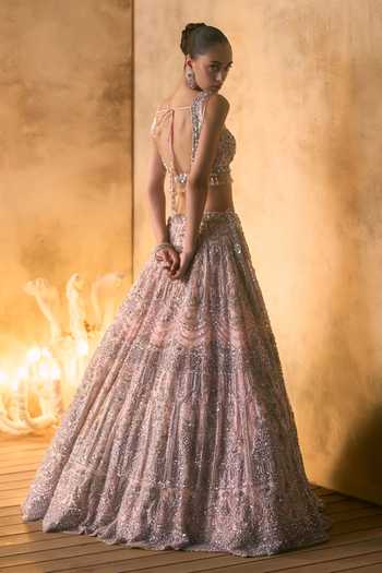 Shop_Angad Singh_Pink Net V-neck Camellia Sequin Embroidered Lehenga Set _Online_at_Aza_Fashions