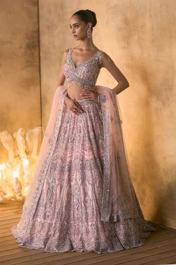 Angad Singh_Pink Net V-neck Camellia Sequin Embroidered Lehenga Set _at_Aza_Fashions