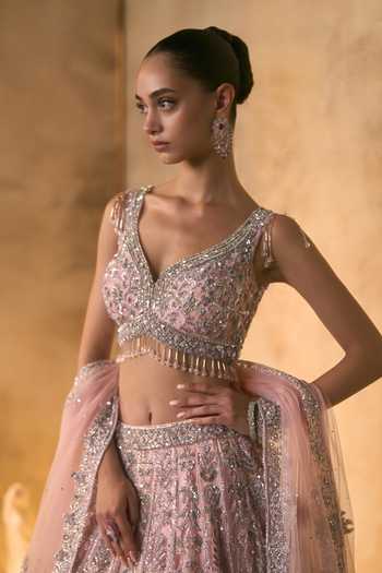 Buy_Angad Singh_Pink Net V-neck Camellia Sequin Embroidered Lehenga Set 