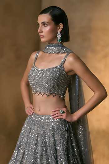 Angad Singh Grey Tissue Square Neck Estelle Embroidered Lehenga Set at Aza Fashions Angad Singh_Grey Tissue Square Neck Estelle Embroidered Lehenga Set _at_Aza_Fashions