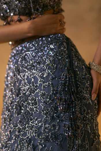 Buy_Angad Singh_Grey Net Sweetheart Neck Cendre Bugle Bead Embroidered Fishcut Lehenga Set _Online_at_Aza_Fashions