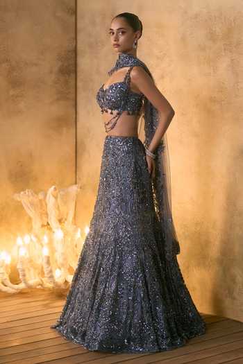 Shop_Angad Singh_Grey Net Sweetheart Neck Cendre Bugle Bead Embroidered Fishcut Lehenga Set 