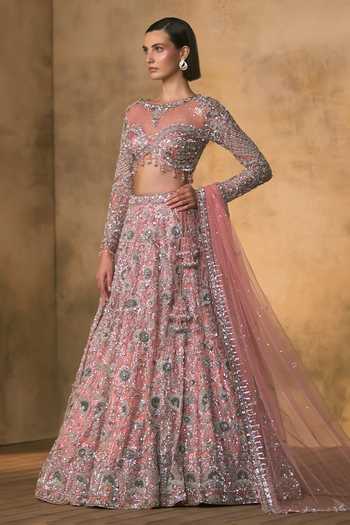 Buy Angad Singh Pink Net Boat Neck Rosalind Botanical Embroidered Lehenga Set Buy_Angad Singh_Pink Net Boat Neck Rosalind Botanical Embroidered Lehenga Set