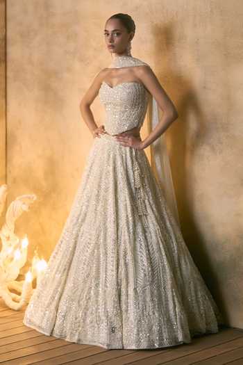 Buy Angad Singh Ivory Net Embroidery, Sequins, Beads, Pearls Bandeau Lumina Corset Lehenga Set Buy_Angad Singh_Ivory Net Embroidery, Sequins, Beads, Pearls Bandeau Lumina Corset Lehenga Set