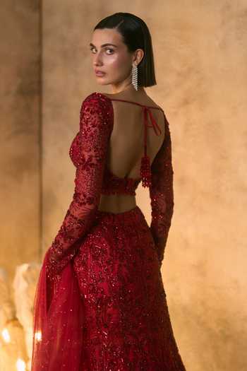 Buy Angad Singh Red Net Sweetheart Neck Ember Sequin Work Bridal Lehenga Set Online at Aza Fashions Buy_Angad Singh_Red Net Sweetheart Neck Ember Sequin Work Bridal Lehenga Set _Online_at_Aza_Fashions