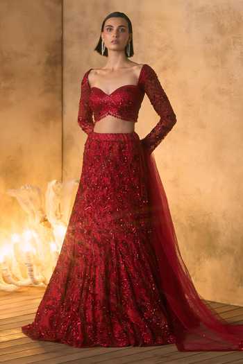 Shop Angad Singh Red Net Sweetheart Neck Ember Sequin Work Bridal Lehenga Set Online at Aza Fashions Shop_Angad Singh_Red Net Sweetheart Neck Ember Sequin Work Bridal Lehenga Set _Online_at_Aza_Fashions