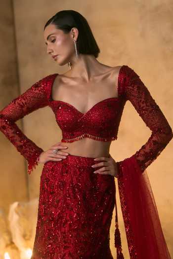 Angad Singh Red Net Sweetheart Neck Ember Sequin Work Bridal Lehenga Set at Aza Fashions Angad Singh_Red Net Sweetheart Neck Ember Sequin Work Bridal Lehenga Set _at_Aza_Fashions