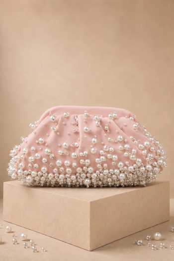 House Of Kosha Serene Pink Suede Embellished Clutch 