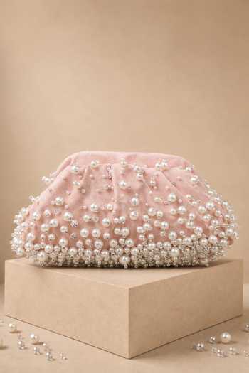 House Of Kosha_Pink Serene Suede Embellished Clutch _Online_at_Aza_Fashions