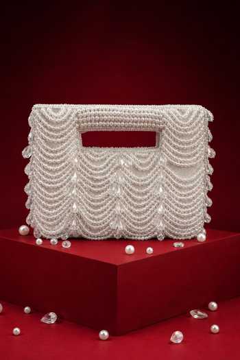 House Of Kosha_Silver Amyra Bead Embellished Suede Handbag And Chain _Online_at_Aza_Fashions