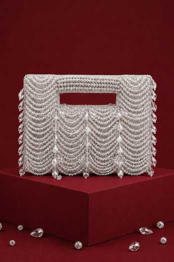 Buy_House Of Kosha_Silver Amyra Bead Embellished Suede Handbag And Chain _Online_at_Aza_Fashions
