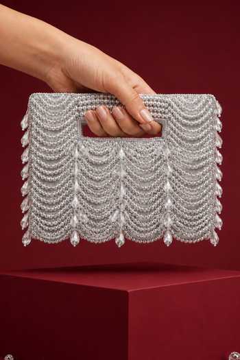 Shop_House Of Kosha_Silver Amyra Bead Embellished Suede Handbag And Chain _Online_at_Aza_Fashions