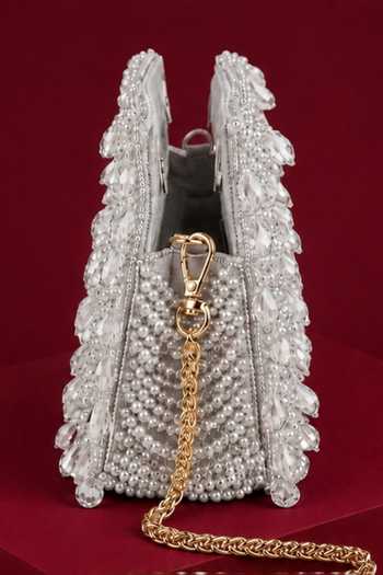 House Of Kosha_Silver Amyra Bead Embellished Suede Handbag And Chain _at_Aza_Fashions