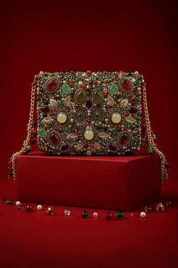 House Of Kosha Noorani Multicolor Suede Embellished Clutch 