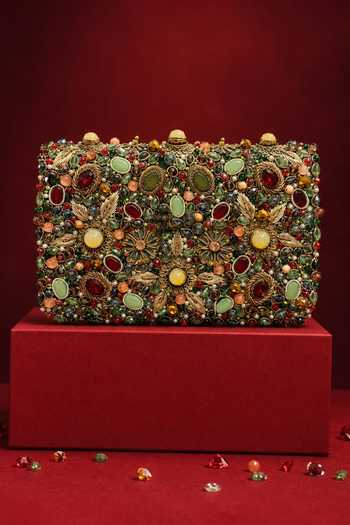 House Of Kosha Multi Color Noorani Multicolor Suede Embellished Clutch at Aza Fashions House Of Kosha_Multi Color Noorani Multicolor Suede Embellished Clutch _at_Aza_Fashions