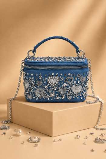 House Of Kosha Alizeh Silver Denim Embroidered Vanity Bag 