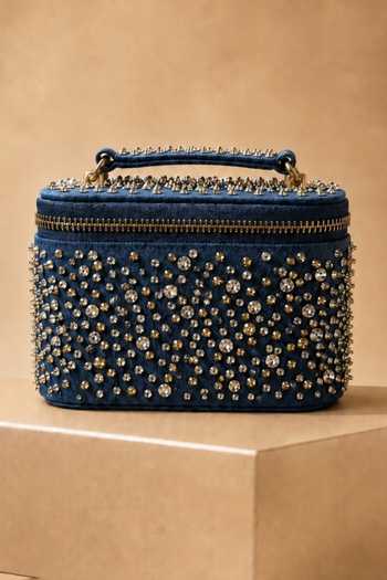 House Of Kosha Blue Inaya Denim Embroidered Vanity Bag Online at Aza Fashions House Of Kosha_Blue Inaya Denim Embroidered Vanity Bag _Online_at_Aza_Fashions