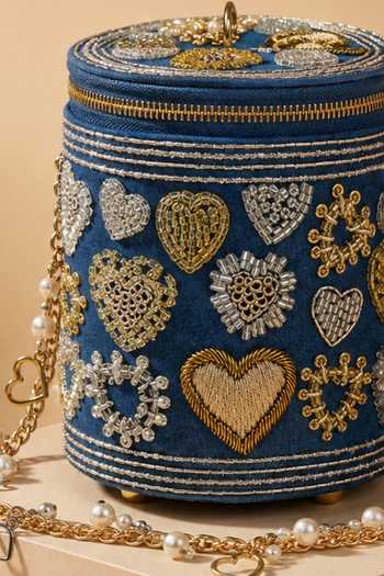Shop House Of Kosha Blue Alizeh Denim Embroidered Cylinder Mini Bag Online at Aza Fashions Shop_House Of Kosha_Blue Alizeh Denim Embroidered Cylinder Mini Bag _Online_at_Aza_Fashions