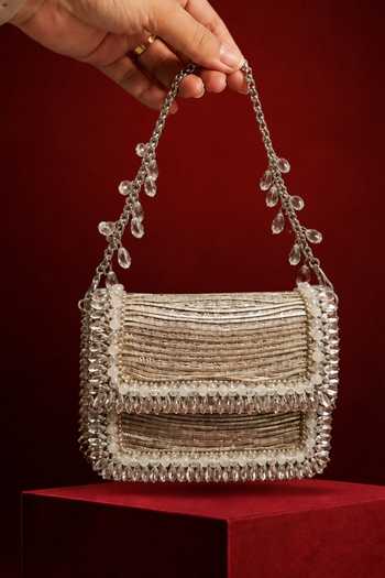 House Of Kosha Elif Silver Georgette Embellished Clutch 