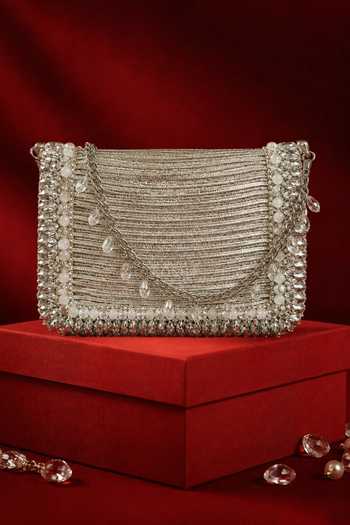 House Of Kosha Elif Silver Georgette Embellished Clutch 