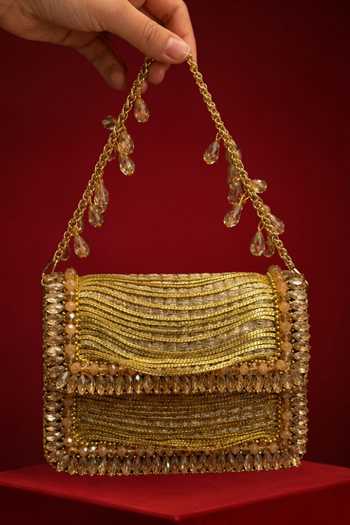 House Of Kosha Elif Gold Georgette Embellished Clutch 