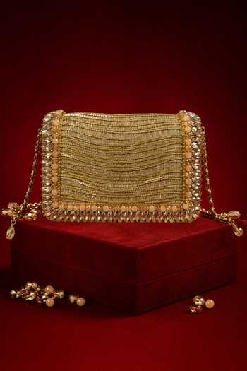 House Of Kosha Elif Gold Georgette Embellished Clutch 