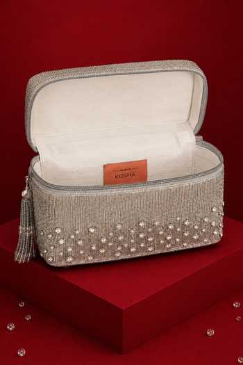 House Of Kosha Silver Cally Suede Embroidered Vanity Bag Online at Aza Fashions House Of Kosha_Silver Cally Suede Embroidered Vanity Bag _Online_at_Aza_Fashions