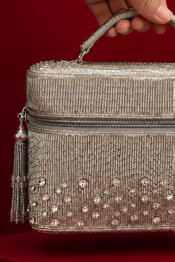 Shop House Of Kosha Silver Cally Suede Embroidered Vanity Bag Online at Aza Fashions Shop_House Of Kosha_Silver Cally Suede Embroidered Vanity Bag _Online_at_Aza_Fashions