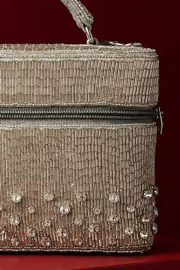 House Of Kosha Silver Cally Suede Embroidered Vanity Bag at Aza Fashions House Of Kosha_Silver Cally Suede Embroidered Vanity Bag _at_Aza_Fashions