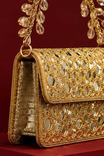 House Of Kosha Gold Ira Mirrorwork Embellished Mini Bag at Aza Fashions House Of Kosha_Gold Ira Mirrorwork Embellished Mini Bag _at_Aza_Fashions