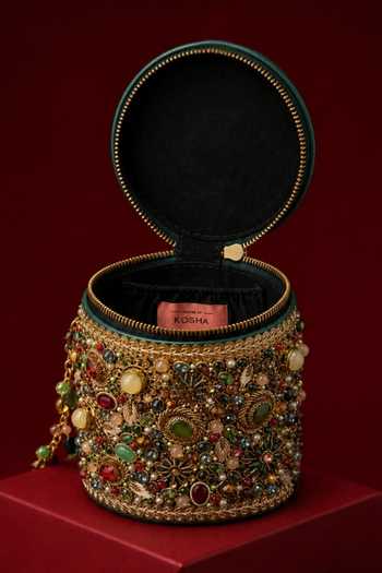 House Of Kosha_Multi Color Beads, Pearls, Stones, Noorani Leather Embellished Cylinder Mini Bag _Online_at_Aza_Fashions