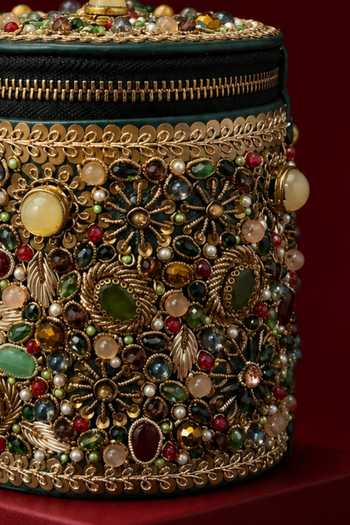 Shop_House Of Kosha_Multi Color Beads, Pearls, Stones, Noorani Leather Embellished Cylinder Mini Bag _Online_at_Aza_Fashions