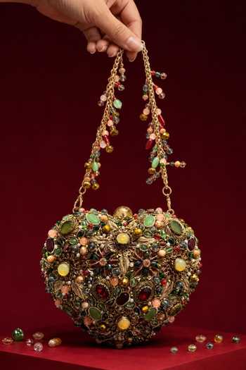 House Of Kosha Noorani Multicolor Suede Embellished Heart Bag 
